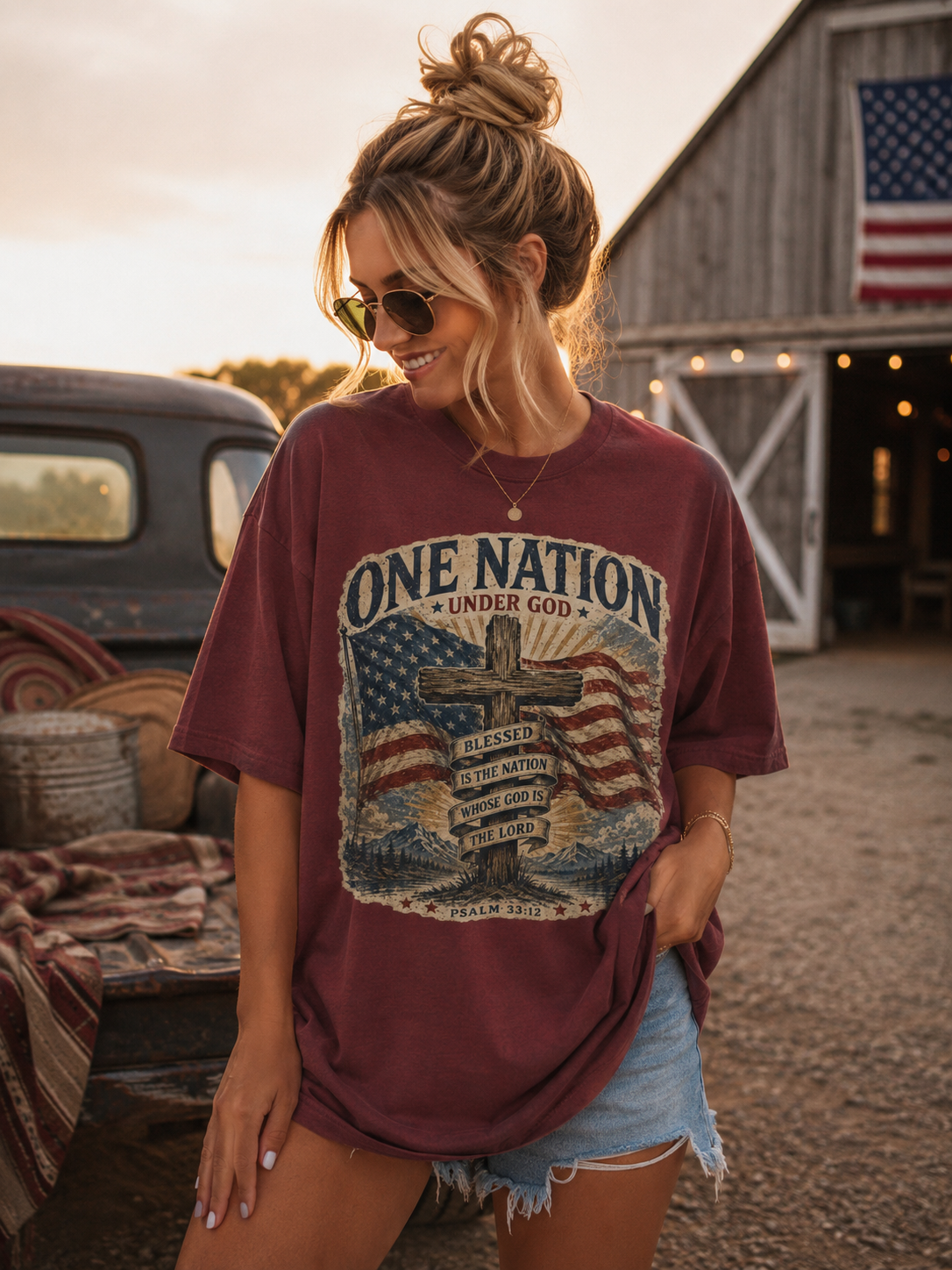 One Nation Under God T-Shirt — Patriotic Christian Tee with Cross & American Flag (Psalm 33:12)