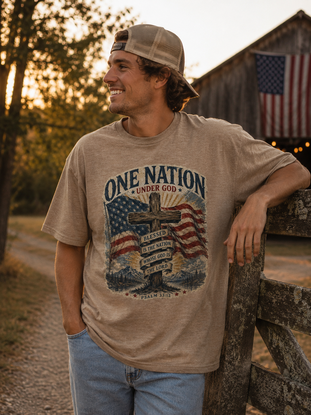 One Nation Under God T-Shirt — Patriotic Christian Tee with Cross & American Flag (Psalm 33:12)