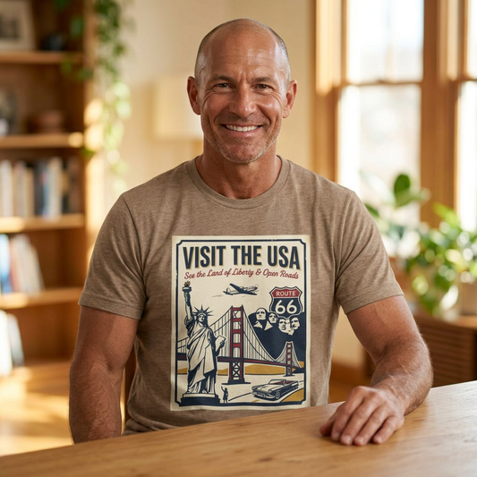 Visit the USA Vintage Travel Tee — Statue of Liberty, Golden Gate & Route 66 Poster Design