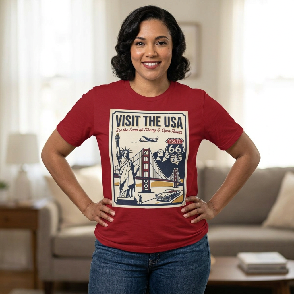 Visit the USA Vintage Travel Tee — Statue of Liberty, Golden Gate & Route 66 Poster Design