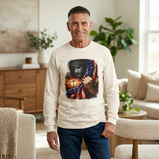 Christian Jesus Flag Long Sleeve Tee — Patriotic Faith Graphic T-Shirt
