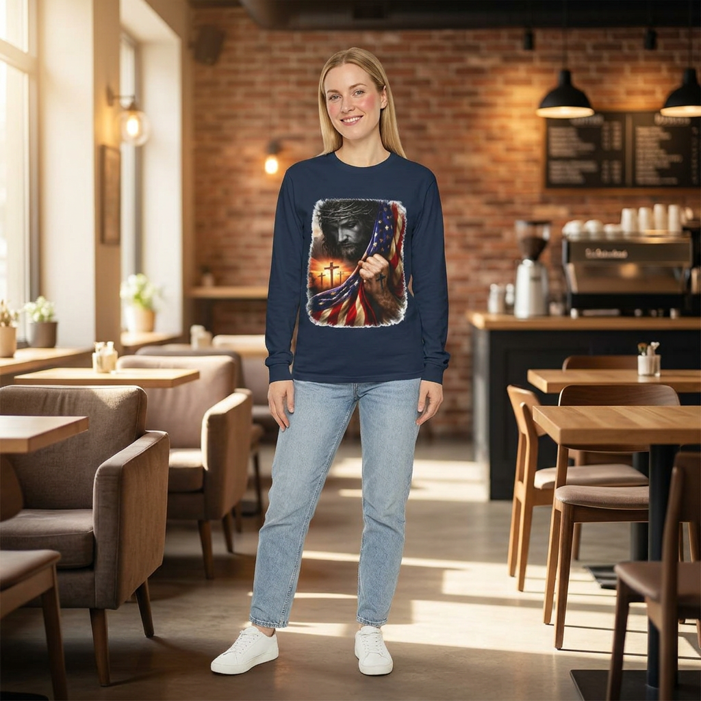 Christian Jesus Flag Long Sleeve Tee — Patriotic Faith Graphic T-Shirt