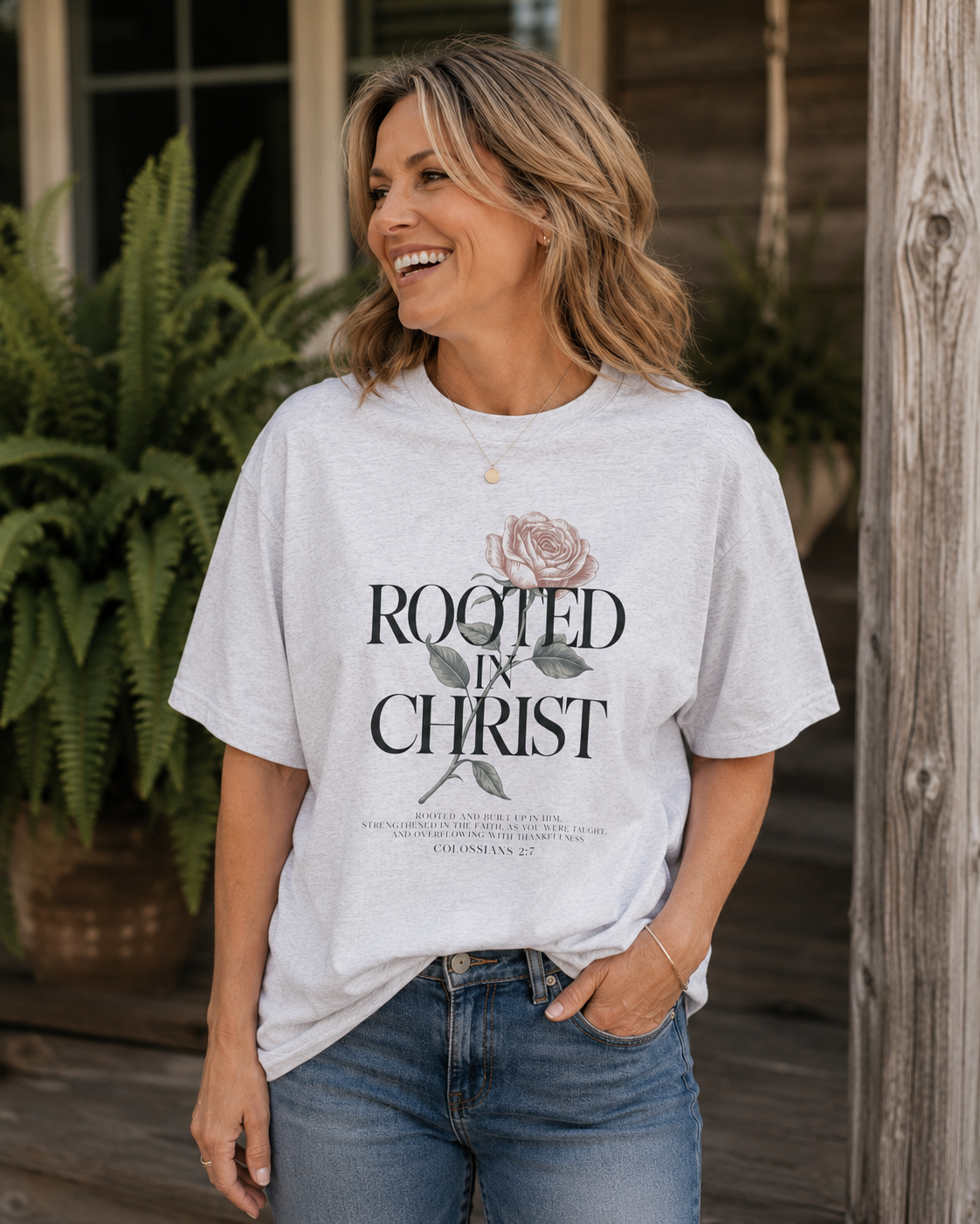 Rooted in Christ Floral Tee — Christian Inspirational Short Sleeve Shirt