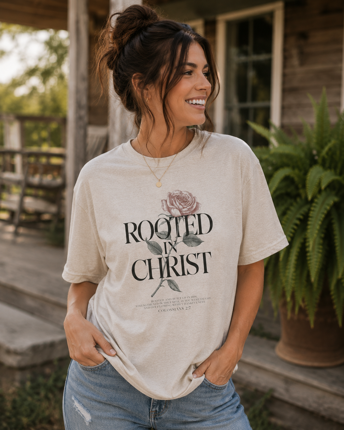 Rooted in Christ Floral Tee — Christian Inspirational Short Sleeve Shirt