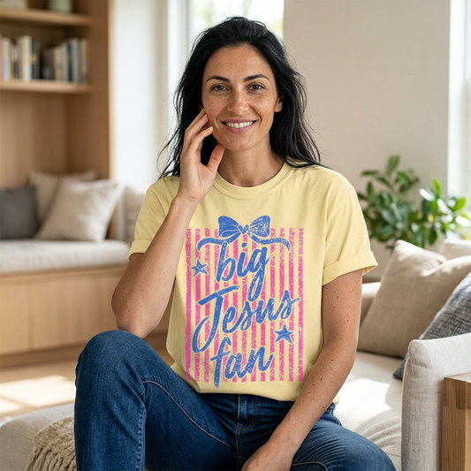 Big Jesus Fan T-Shirt — Retro Pink & Blue Graphic Christian Tee