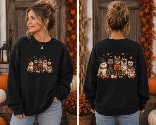 Fall Cats Sweatshirt — Cute Spooky Cat Crewneck with Pumpkins