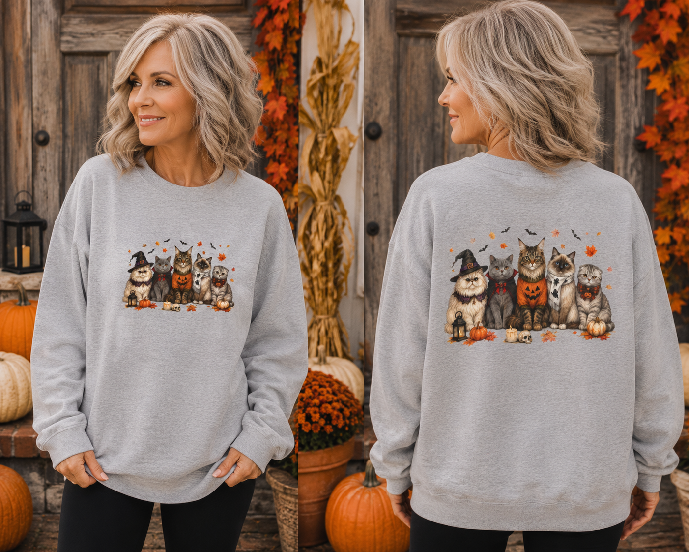 Fall Cats Sweatshirt — Cute Spooky Cat Crewneck with Pumpkins