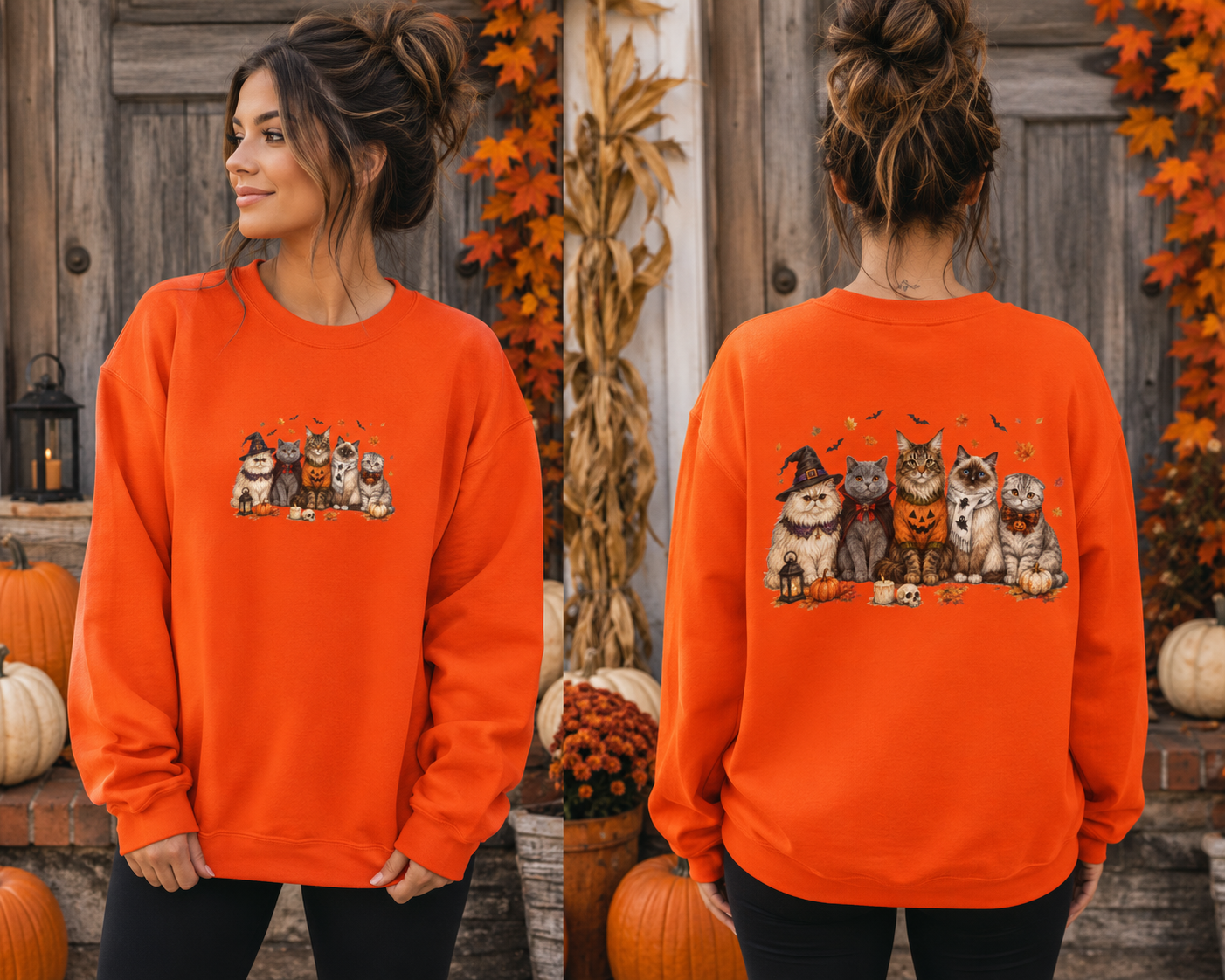 Fall Cats Sweatshirt — Cute Spooky Cat Crewneck with Pumpkins