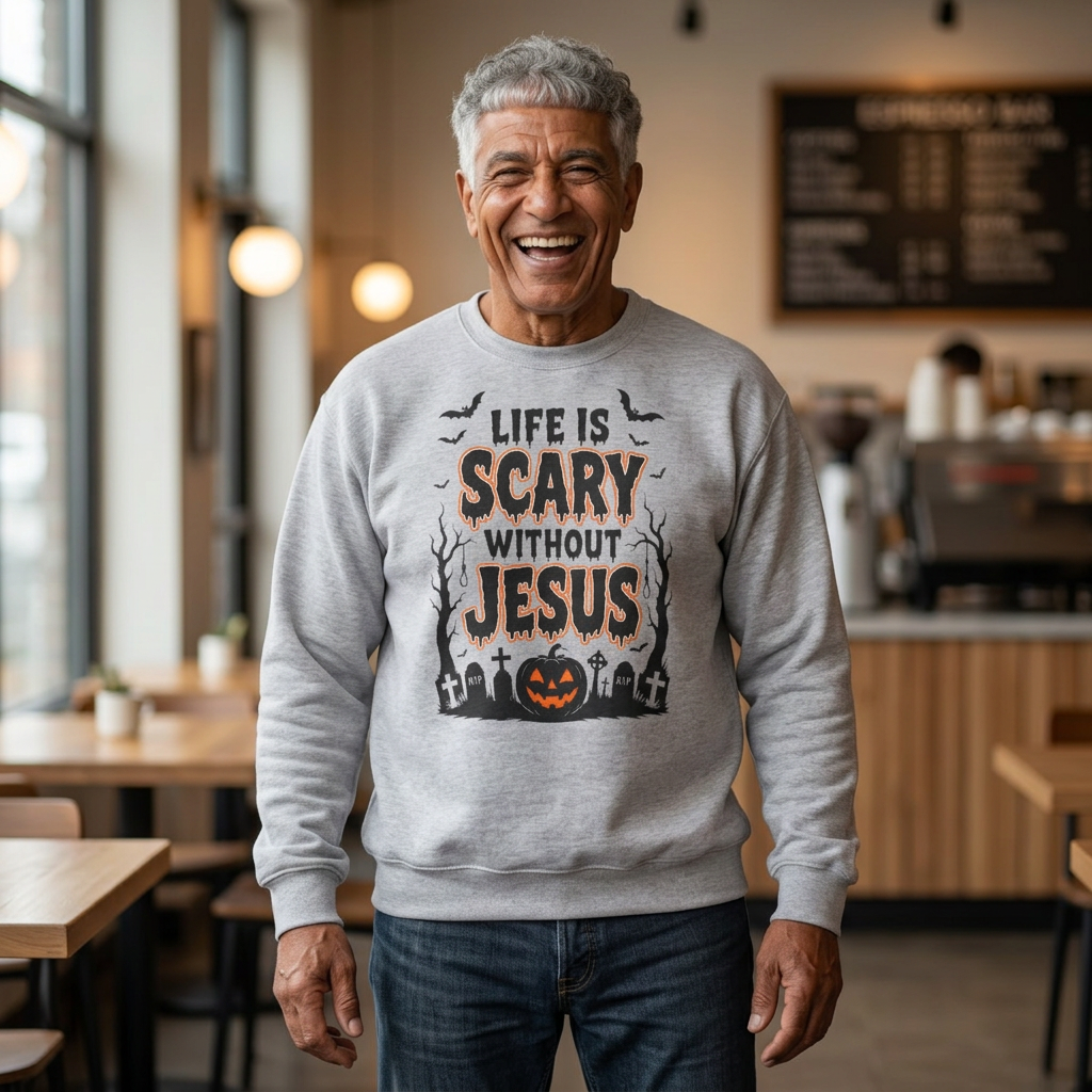 Halloween Christian Sweatshirt — "Life Is Scary Without Jesus" Crewneck