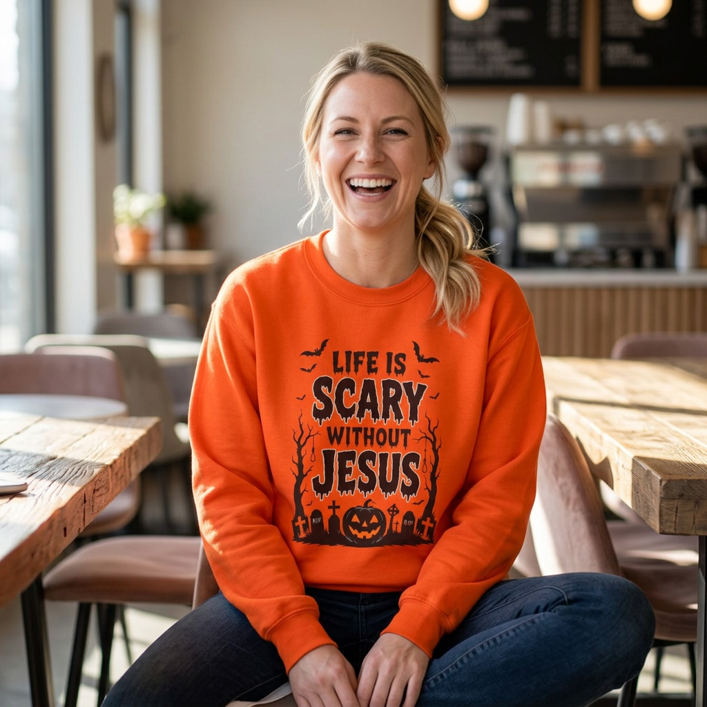 Halloween Christian Sweatshirt — "Life Is Scary Without Jesus" Crewneck