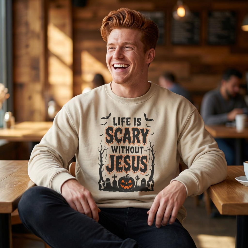 Halloween Christian Sweatshirt — "Life Is Scary Without Jesus" Crewneck