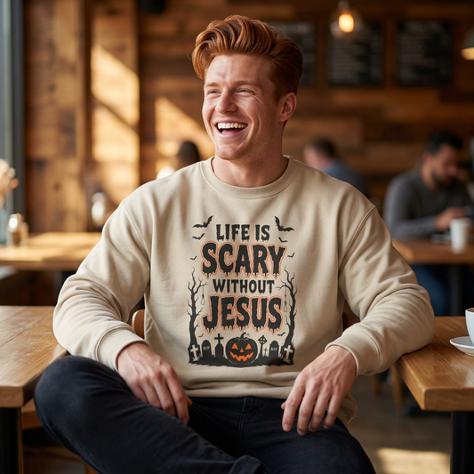 Halloween Christian Sweatshirt — "Life Is Scary Without Jesus" Crewneck