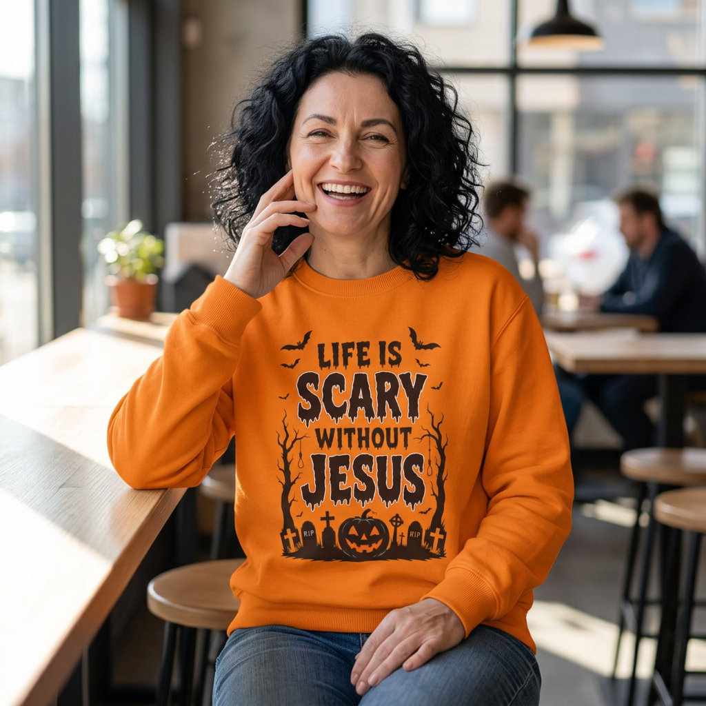 Halloween Christian Sweatshirt — "Life Is Scary Without Jesus" Crewneck