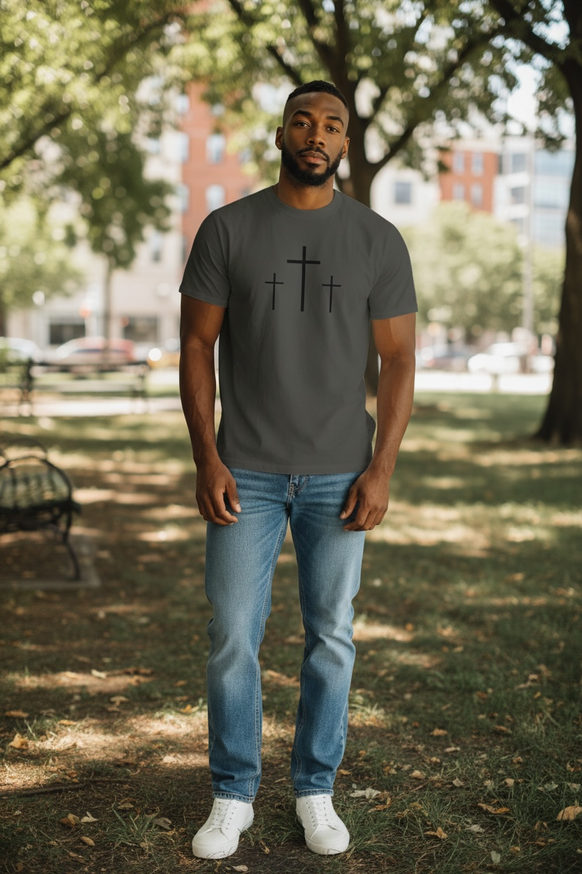 Faith Over Fear Three Crosses T-Shirt — Christian Front & Back Design