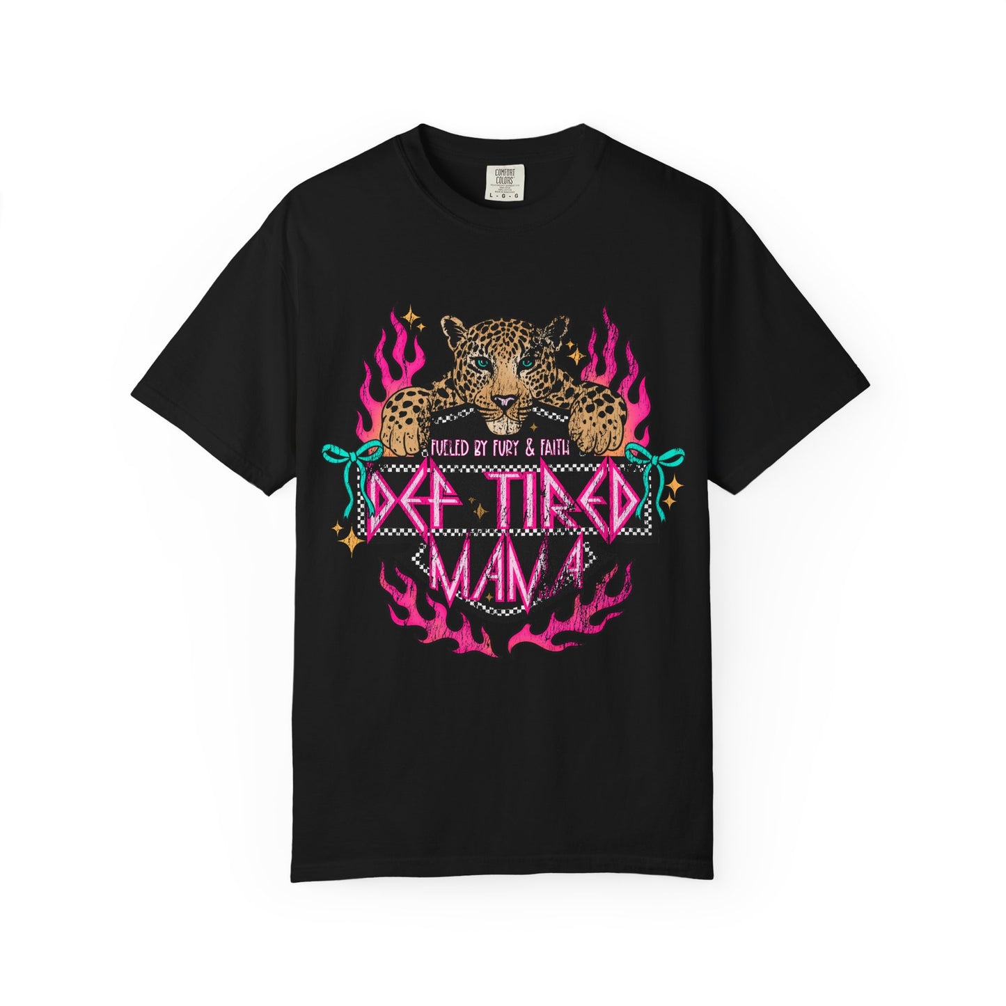 So Tired Mama T-shirt | Leopard, Pink Flames, Retro Gothic Text