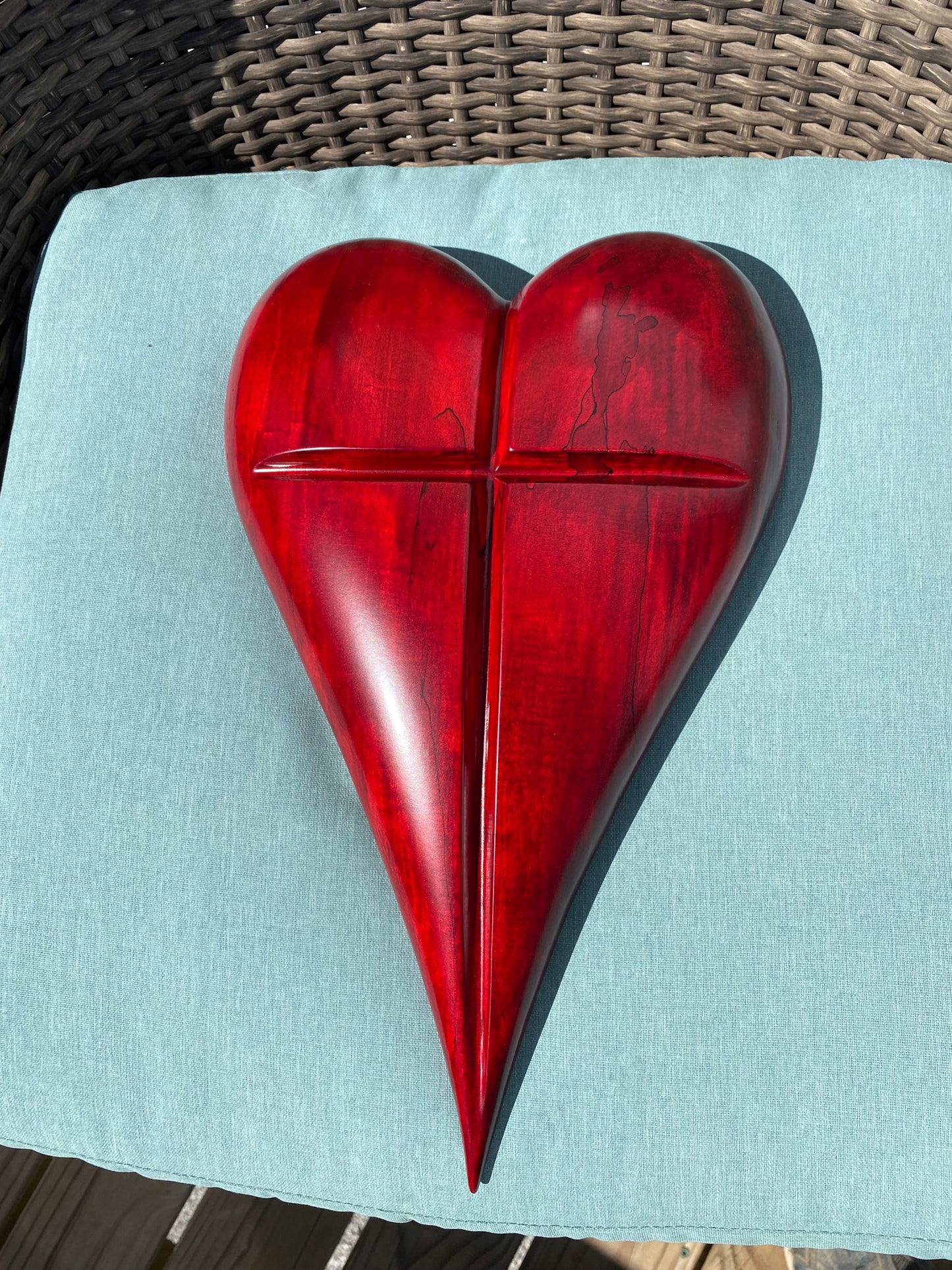3D art Large RED heart with cross Hand Carved Wooden Heart Wall Decor – 3D Rustic Wood Heart Sculpture – Anniversary / Wedding Gift – Handmade Natural Wood Art