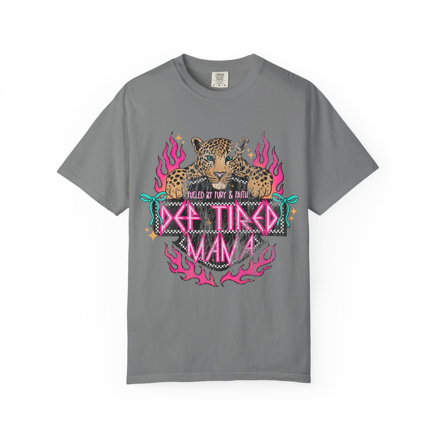 So Tired Mama T-shirt | Leopard, Pink Flames, Retro Gothic Text