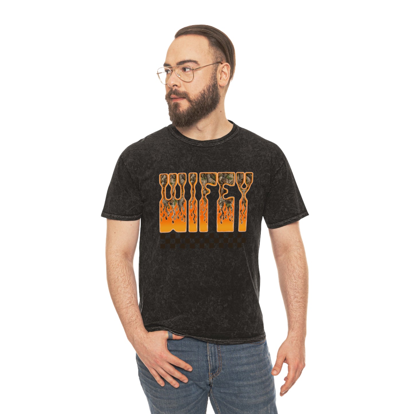 Wifey checkered Flame Graphic T-Shirt Checkerboard mineral wash