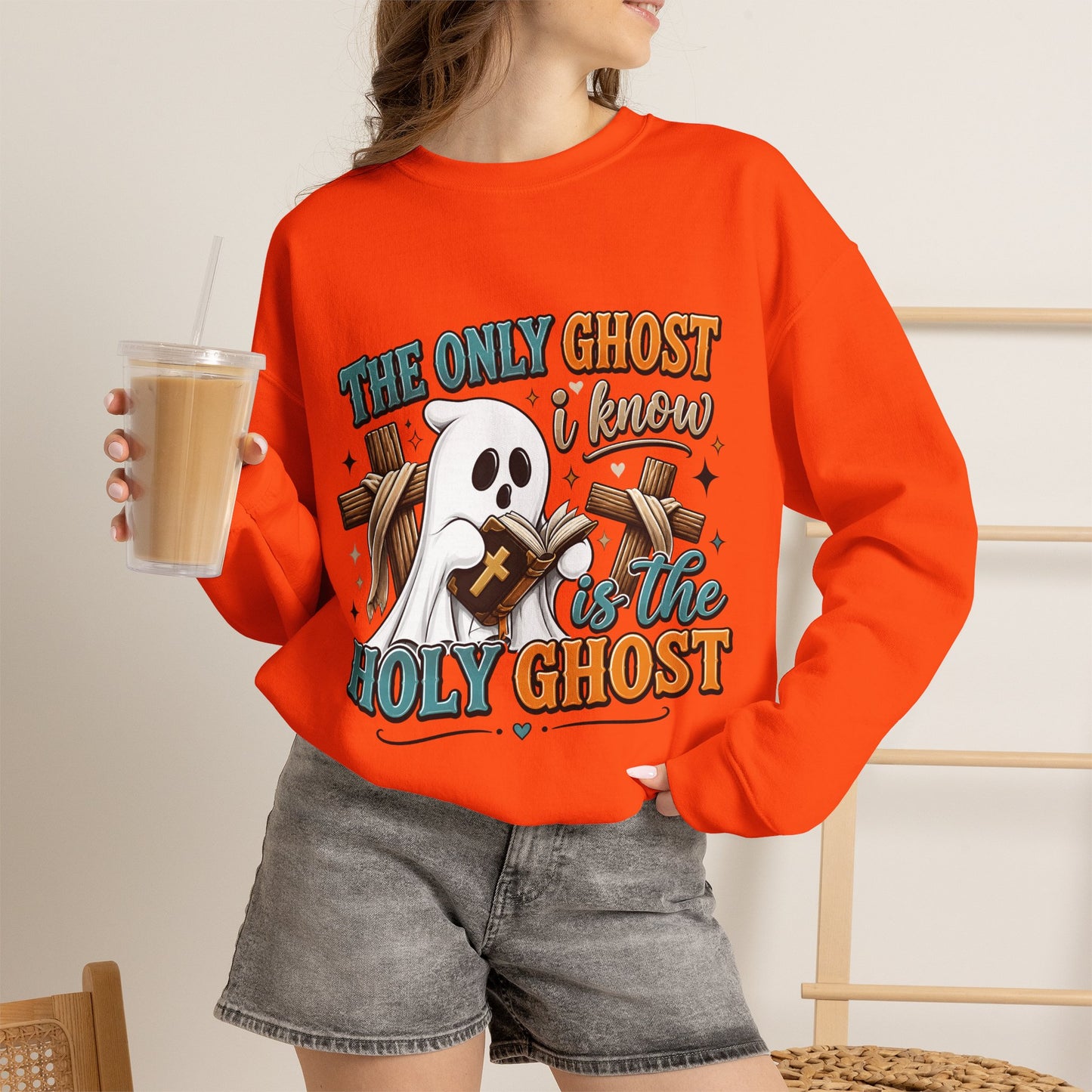 Holy Ghost Ghost Graphic Sweatshirt — "The Only Ghost I Know Is the Holy Ghost" Cute Faith Halloween Crewneck