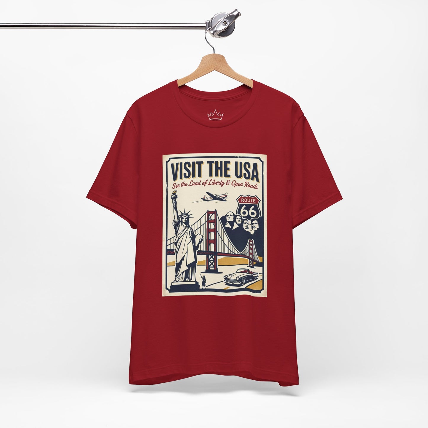 Visit the USA Vintage Travel Tee — Statue of Liberty, Golden Gate & Route 66 Poster Design