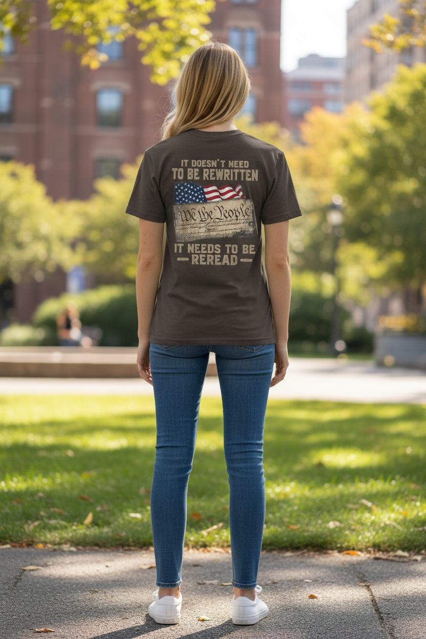 Constitutional Tee  "It Doesn't Need to Be Rewritten, It Needs to Be Reread" Patriotic Crew with distressed cross