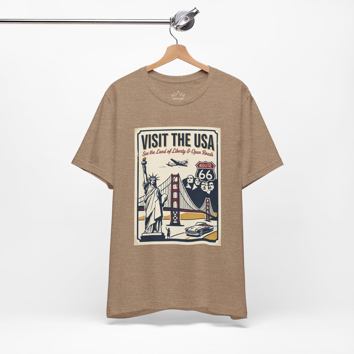 Visit the USA Vintage Travel Tee — Statue of Liberty, Golden Gate & Route 66 Poster Design