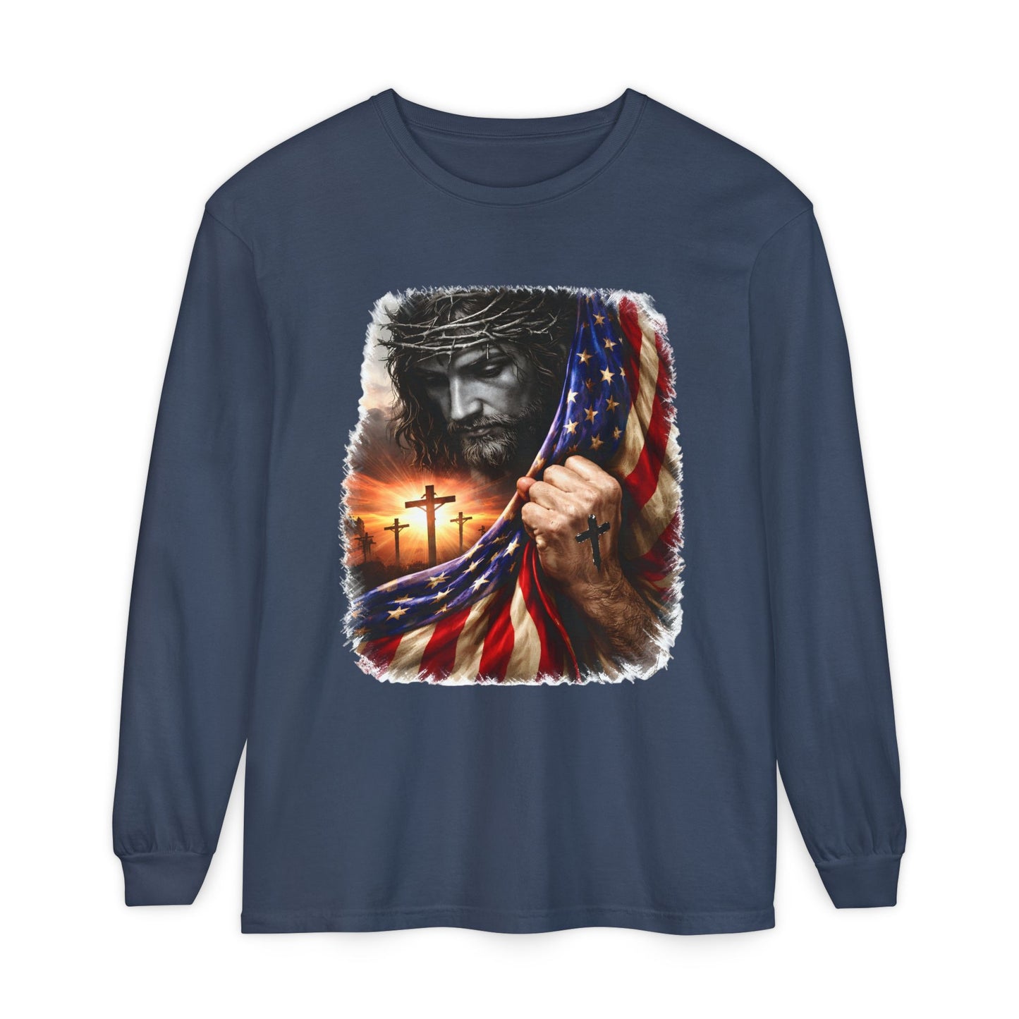 Christian Jesus Flag Long Sleeve Tee — Patriotic Faith Graphic T-Shirt