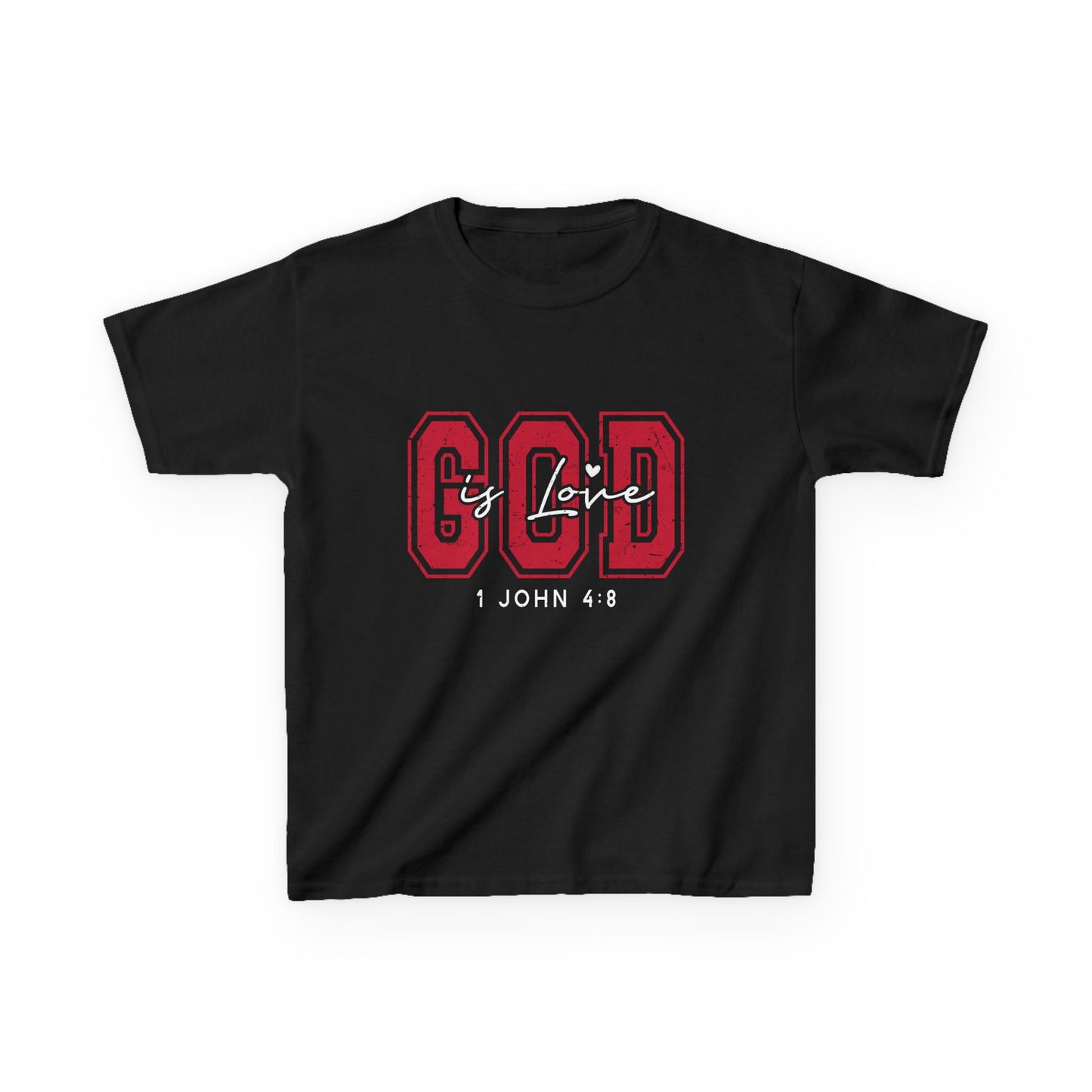 Kids Tee — Distressed Red 'GOD is love' Varsity Lettering