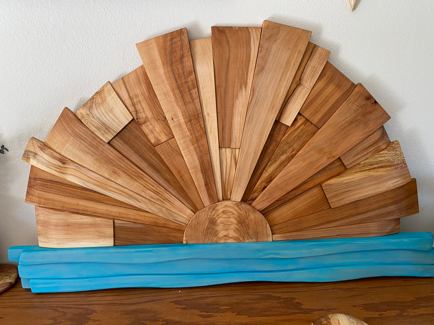 Handcrafted Solid Wood Sunrise Wall Art, 3D Ocean Wave Sculpture, Coastal Wooden Sun Decor, Rustic Beach House Statement Piece