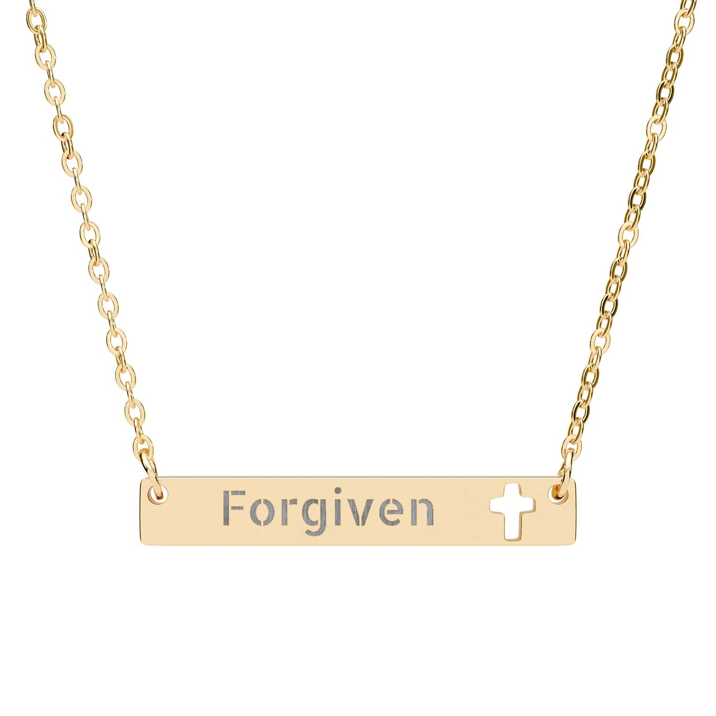 Forgiven Cutout Cross Bar Necklace — Engraved Christian Bar Pendant