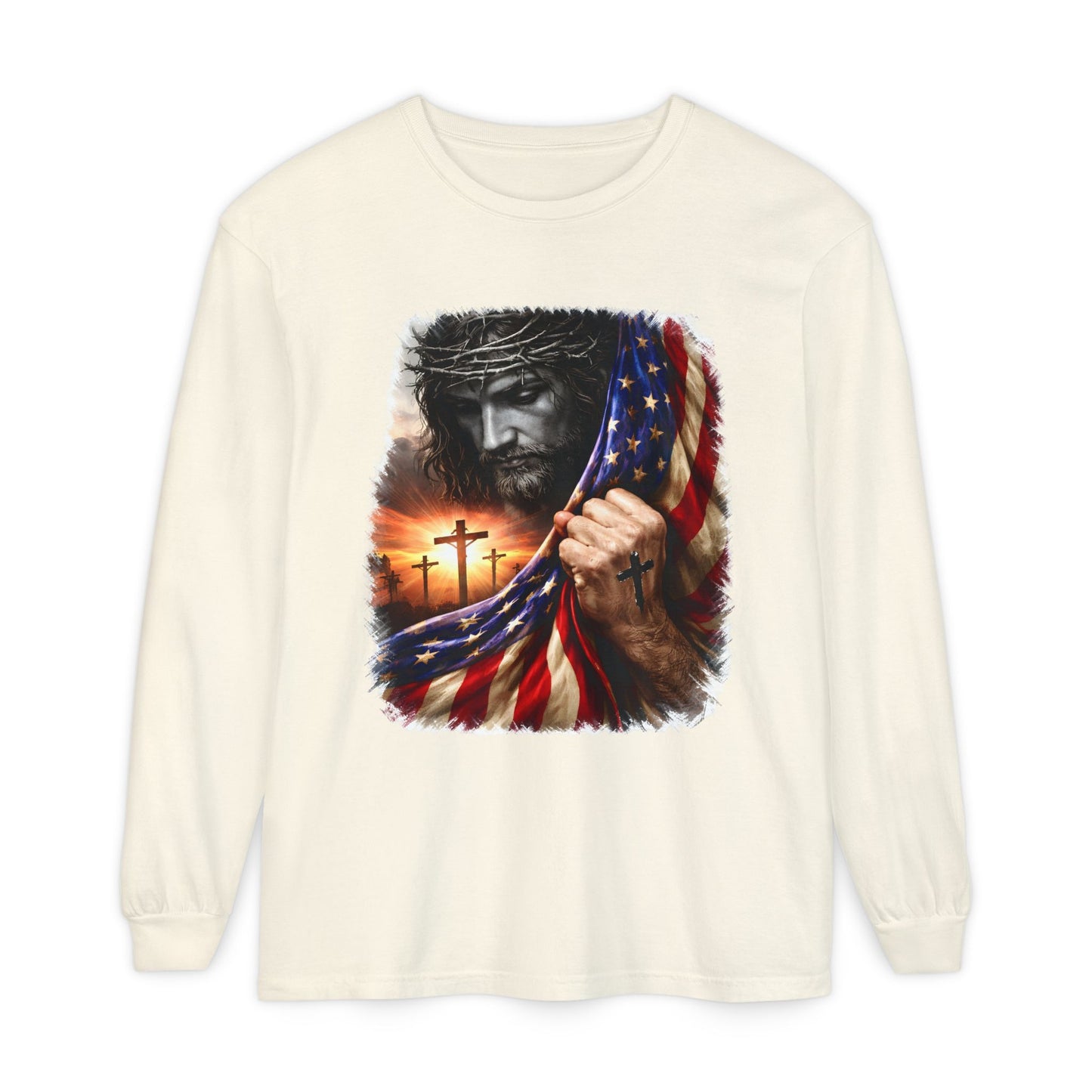 Christian Jesus Flag Long Sleeve Tee — Patriotic Faith Graphic T-Shirt