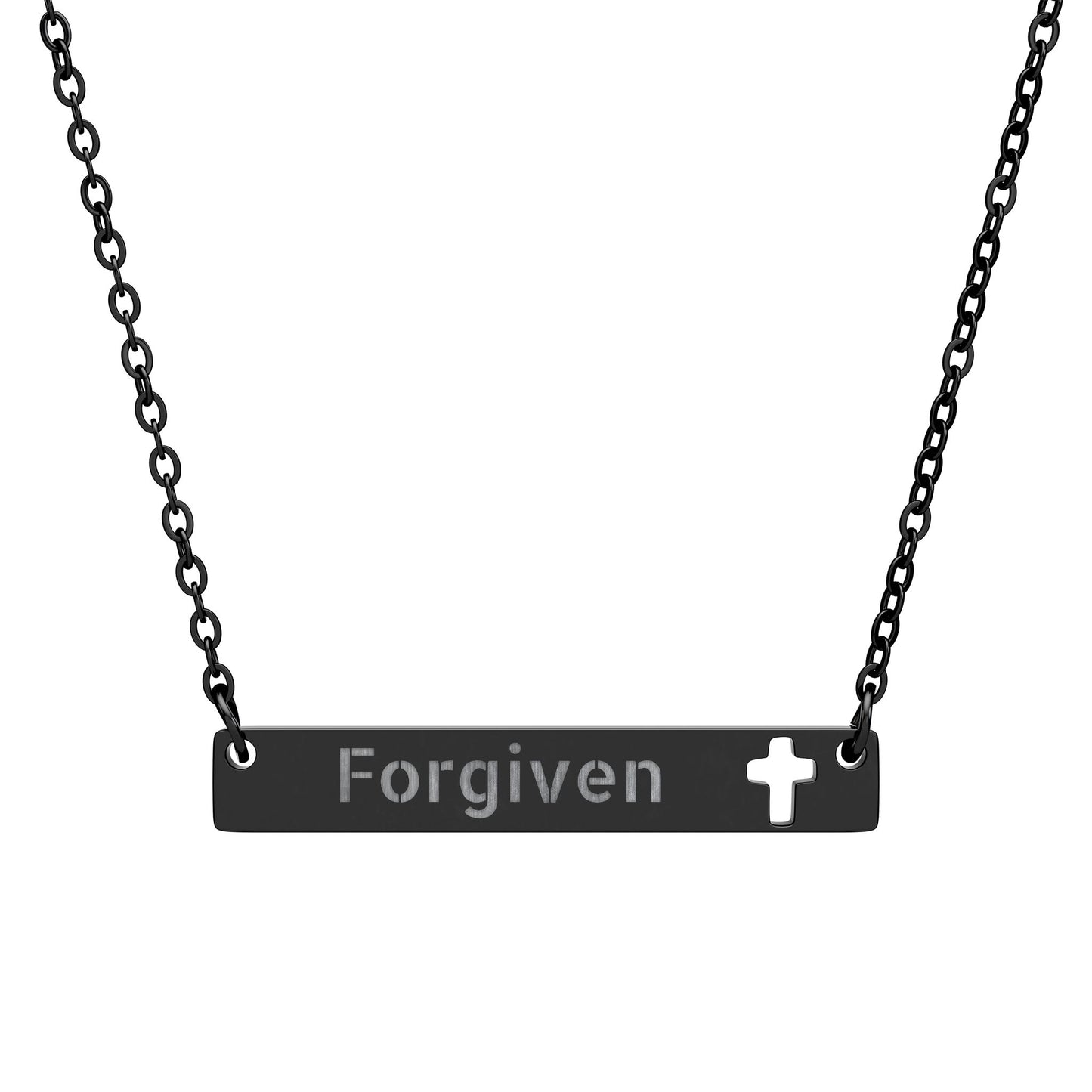 Forgiven Cutout Cross Bar Necklace — Engraved Christian Bar Pendant