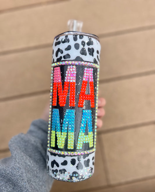 RTS SALE DEFECT MAMA Rhinestone Tumbler rhinestones Tumbler rhinestones glass rhinestones Tumbler with Handle cup with handle Mom cup Mom Life Pink Glitter Tumbler With Handle