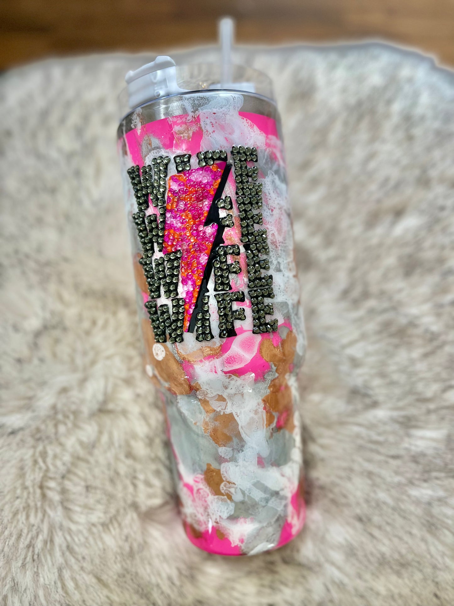 WIFE rhinestone Tumbler rhinestones glass rhinestones Tumbler with Handle cup with handle Pink Glitter Tumbler With Handle