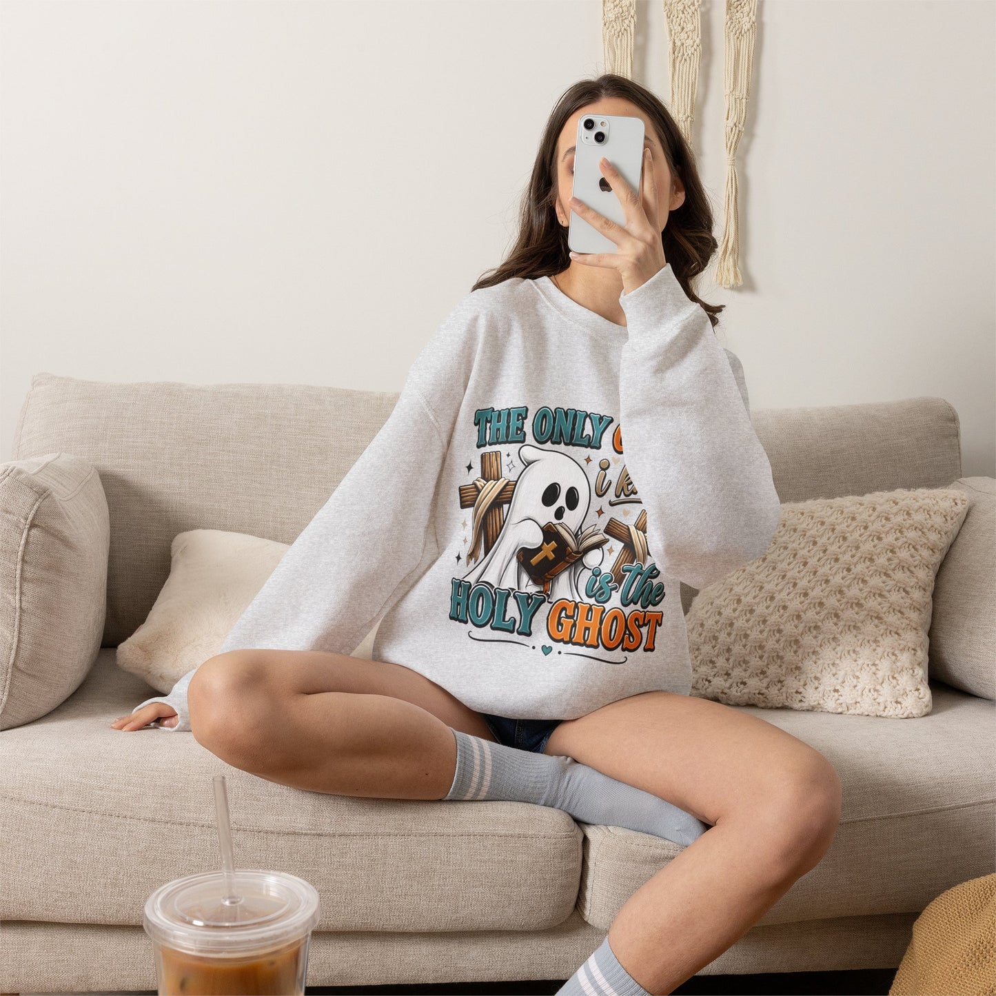 Holy Ghost Ghost Graphic Sweatshirt — "The Only Ghost I Know Is the Holy Ghost" Cute Faith Halloween Crewneck