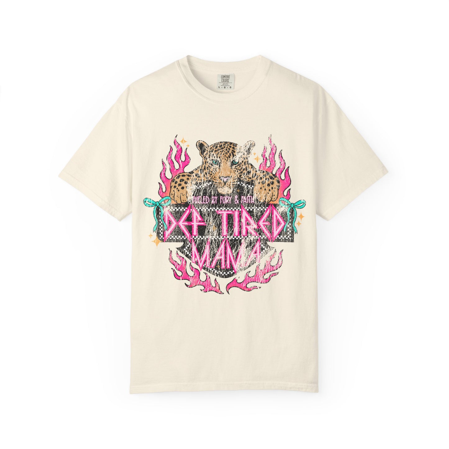 So Tired Mama T-shirt | Leopard, Pink Flames, Retro Gothic Text