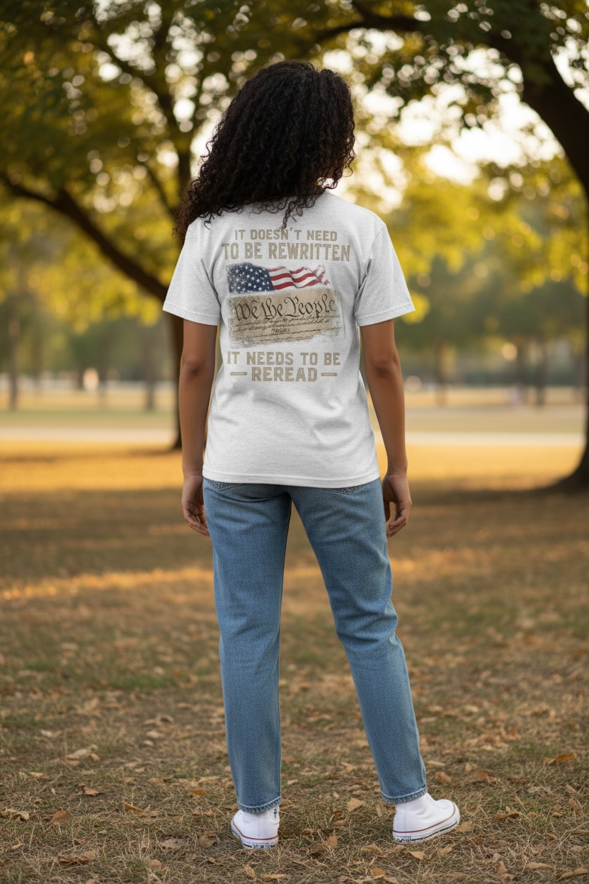 Constitutional Tee  "It Doesn't Need to Be Rewritten, It Needs to Be Reread" Patriotic Crew with distressed cross