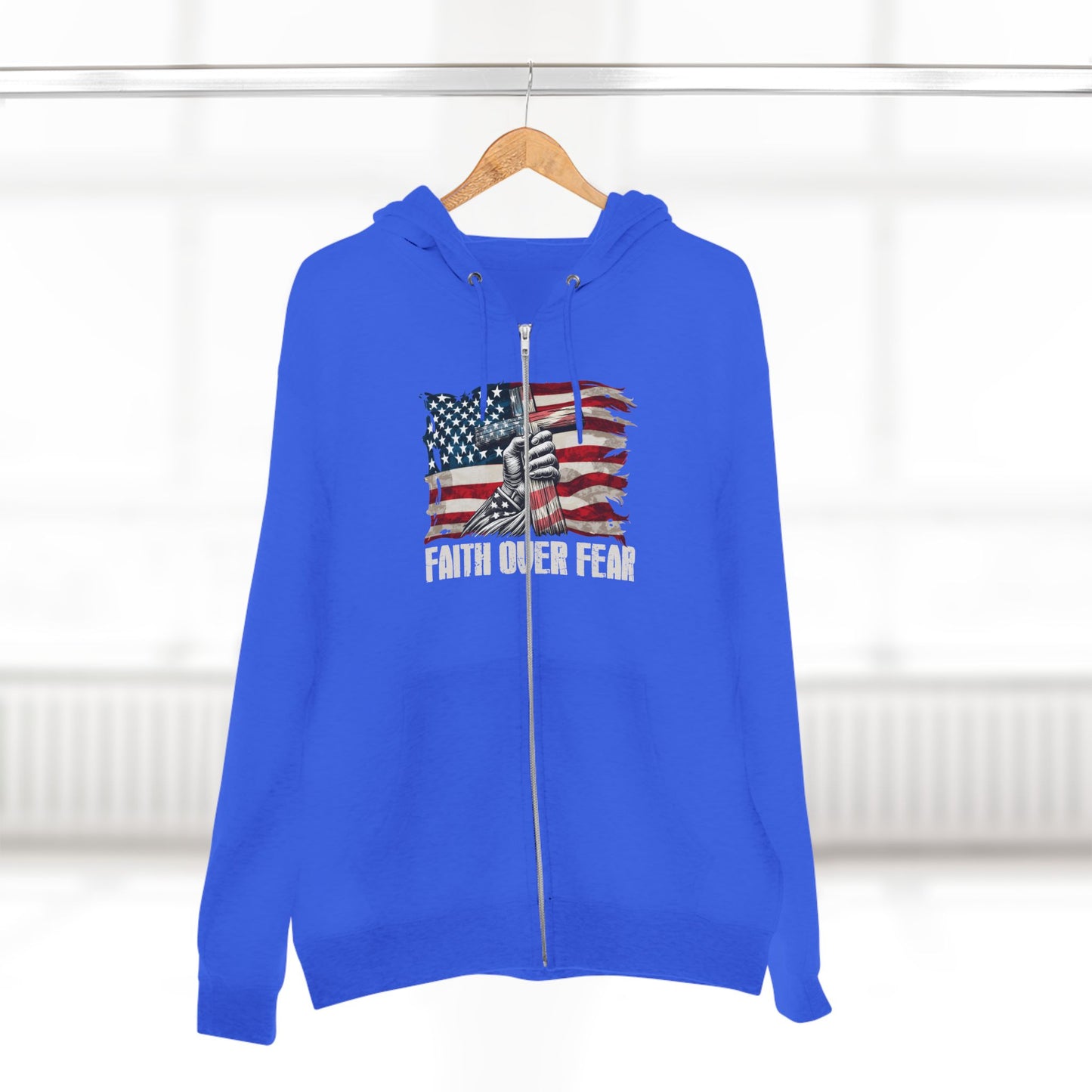 Faith Over Fear American Flag Cross Zip Hoodie