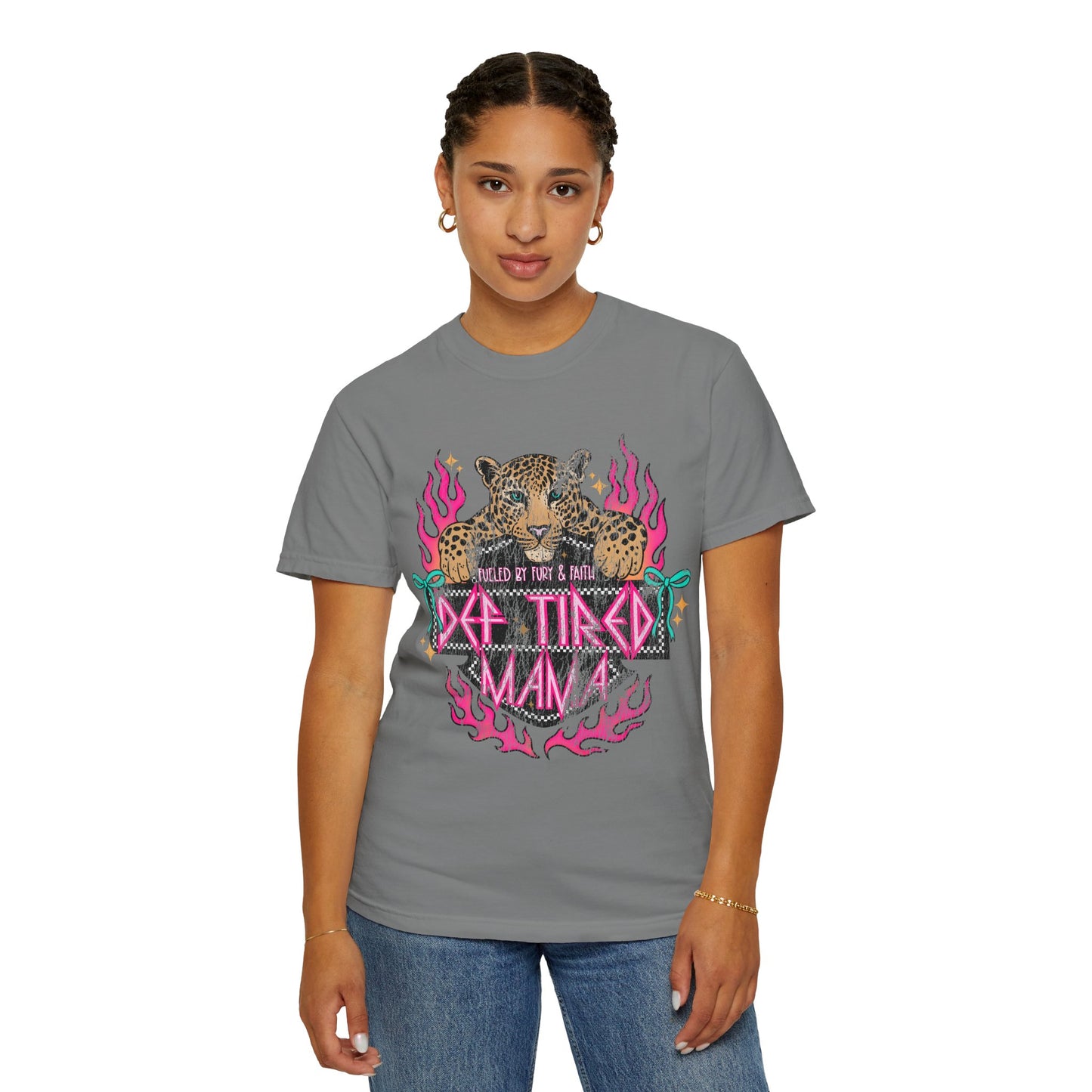 So Tired Mama T-shirt | Leopard, Pink Flames, Retro Gothic Text