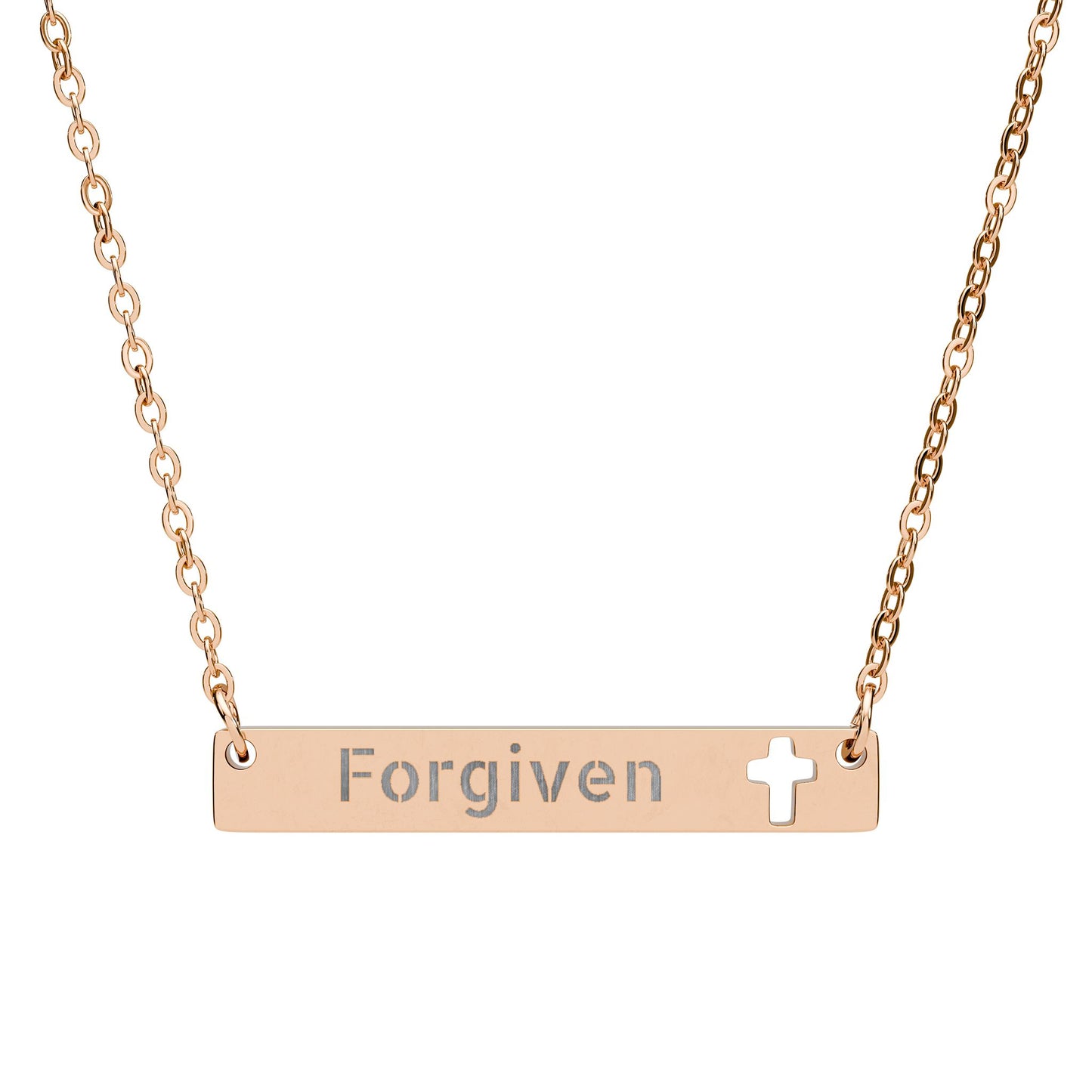 Forgiven Cutout Cross Bar Necklace — Engraved Christian Bar Pendant