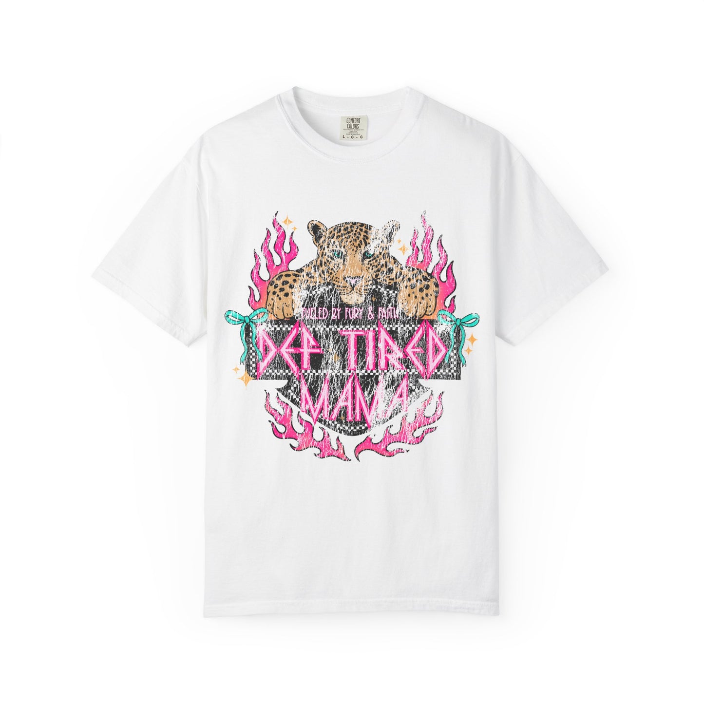 So Tired Mama T-shirt | Leopard, Pink Flames, Retro Gothic Text