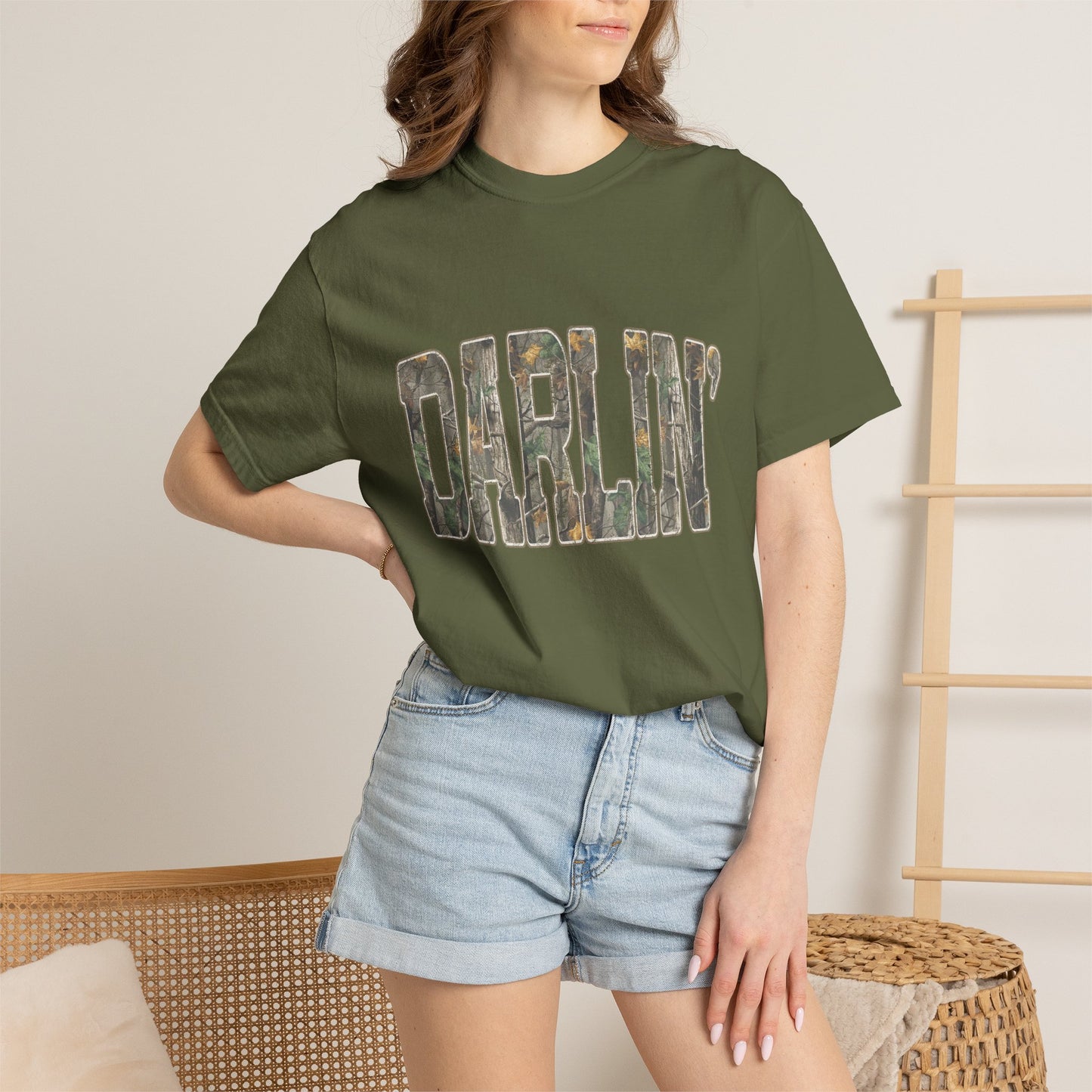 Darlin' distressed camo block text T-shirt
