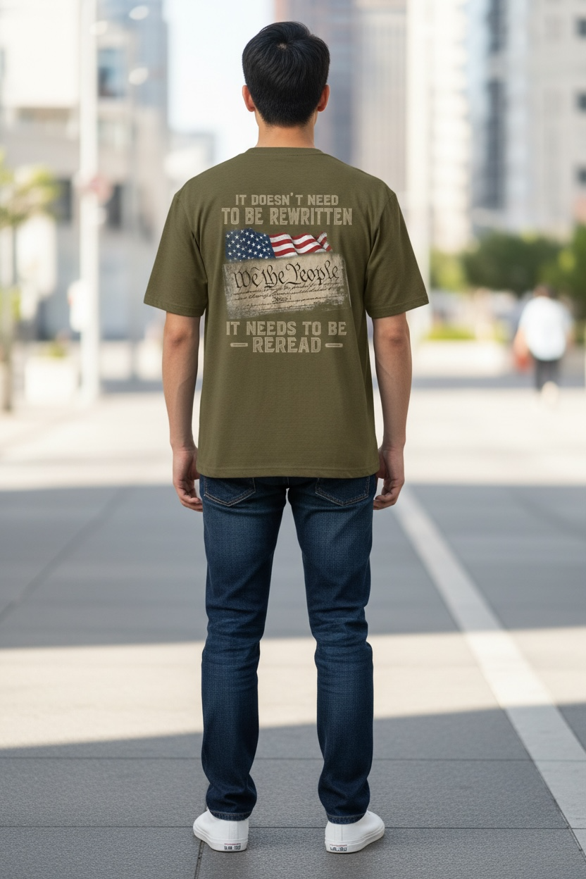 Constitutional Tee  "It Doesn't Need to Be Rewritten, It Needs to Be Reread" Patriotic Crew with distressed cross