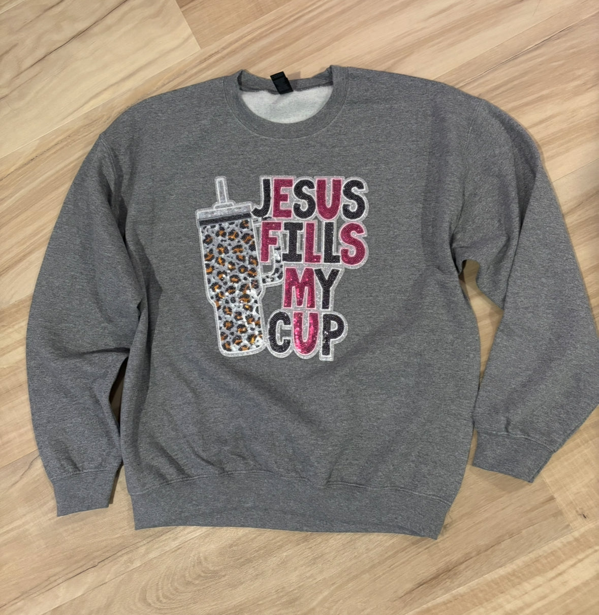 Jesus Fills My Cup Sequin leopard edition sweatshirt