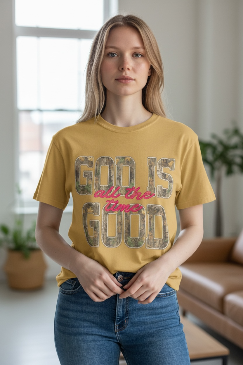 God Is Good Camo typography T-shirt | Christian faith shirt
