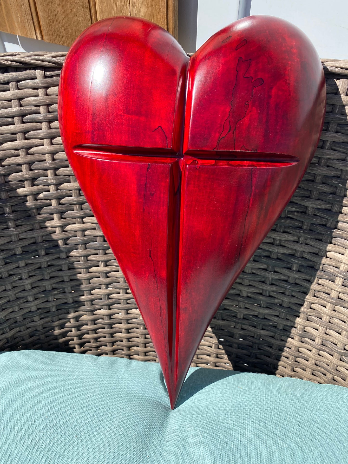 3D art Large RED heart with cross Hand Carved Wooden Heart Wall Decor – 3D Rustic Wood Heart Sculpture – Anniversary / Wedding Gift – Handmade Natural Wood Art