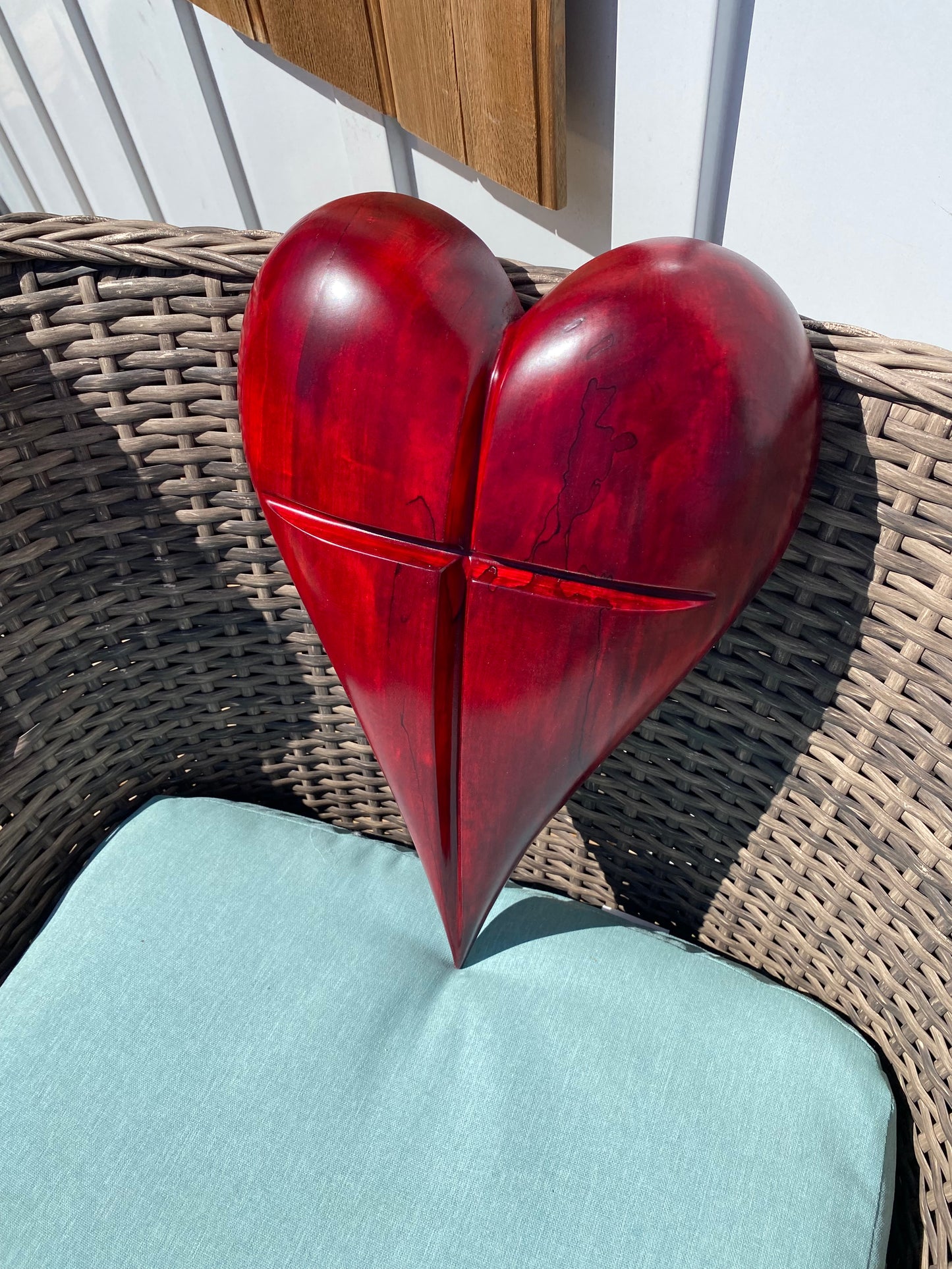 3D art Large RED heart with cross Hand Carved Wooden Heart Wall Decor – 3D Rustic Wood Heart Sculpture – Anniversary / Wedding Gift – Handmade Natural Wood Art