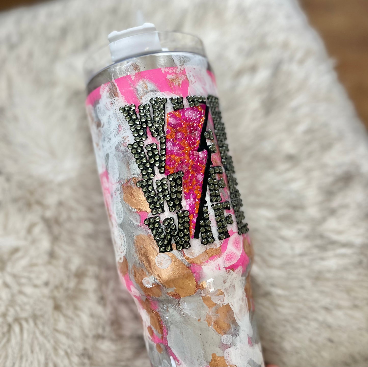 WIFE rhinestone Tumbler rhinestones glass rhinestones Tumbler with Handle cup with handle Pink Glitter Tumbler With Handle