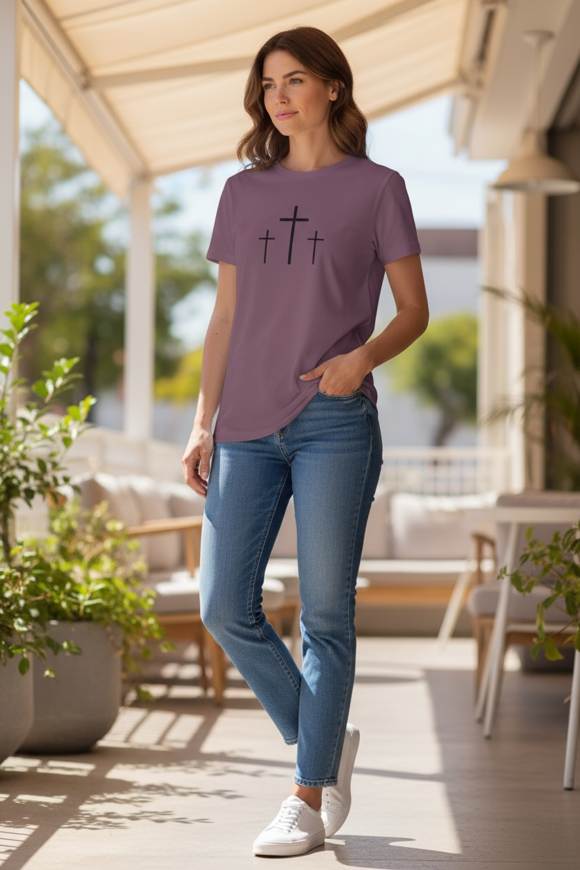 Faith Over Fear Three Crosses T-Shirt — Christian Front & Back Design