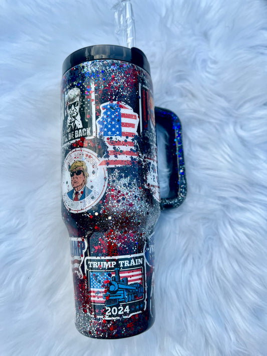 Trump Cup Red White & Blue Glitter Trump 2024 Trump Tumbler With Handle 40oz Trump Train